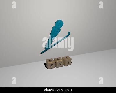 3D representation of ski with icon on the wall and text arranged by metallic cubic letters on a mirror floor for concept meaning and slideshow presentation. resort and winter Stock Photo