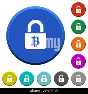 Locked Bitcoins round color beveled buttons with smooth surfaces and flat white icons Stock Vector