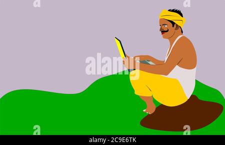 An indian poor village farmer cartoon illustration working on computer isolated colorful natural agriculture background. Stock Vector