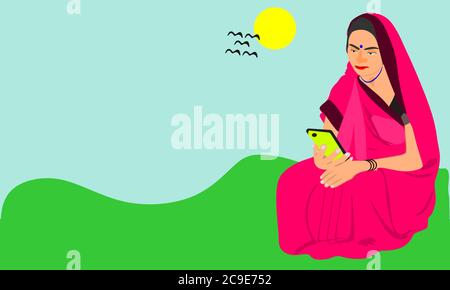 An indian poor village farmer cartoon female illustration working on smart phone on sunny day colorful background. Stock Vector