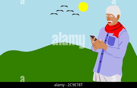 An indian poor village old man farmer cartoon illustration watching mobile phone at natural colorful background. Stock Vector
