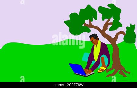 An indian poor village man farmer cartoon illustration working on computer natural forest colorful background. Stock Vector