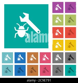 Bug fixing multi colored flat icons on plain square backgrounds. Included white and darker icon variations for hover or active effects. Stock Vector