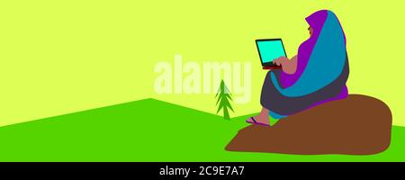 An indian poor village farmer lady cartoon illustration working on computer isolated nature green colorful background. Stock Vector