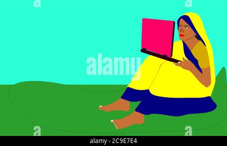 An indian poor village farmer lady cartoon illustration working on computer isolated natural colorful environment background. Stock Vector