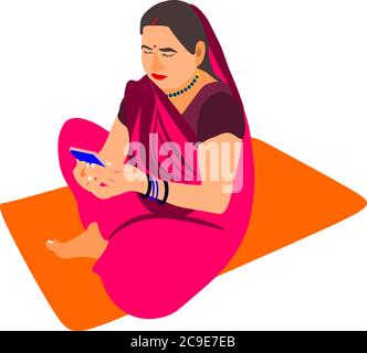 An indian poor village matured woman farmer cartoon illustration working on smart phone isolated wearing pink traditional sari. Stock Vector