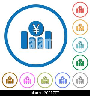 Yen financial graph flat color vector icons with shadows in round outlines on white background Stock Vector