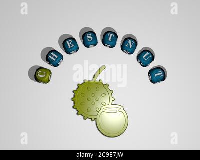 3D representation of chestnut with icon on the wall and text arranged by metallic cubic letters on a mirror floor for concept meaning and slideshow presentation. background and autumn Stock Photo