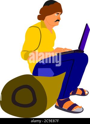 An indian poor village farmer cartoon illustration working on computer isolated colorful background. Stock Vector