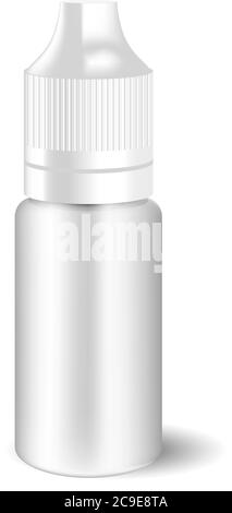 Blank white vape liquid dropper bottle with white cap. Medicine jar for eye drops. HQ EPS illustration mockup template. Stock Vector