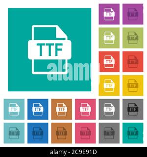 TTF file format multi colored flat icons on plain square backgrounds. Included white and darker icon variations for hover or active effects. Stock Vector