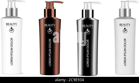 Realistic vector illustration blank template of plastic bottles with dispenser pump. Mock up of cosmetics package. Empty 3d colored plastic containers Stock Vector