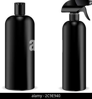 Black pistol sprayer bottle with black dispenser cap and black shampoo bottle joined in set. Isolated containers design with pump dispenser for liquid Stock Vector