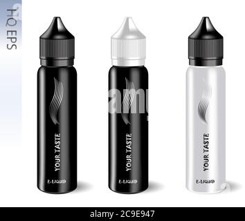 Vape e liquid bottles set with label and simple style logo. Vape jars in black and white color of caps and bodys. High quality EPS10 illustration desi Stock Vector
