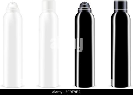 Black and white aerosol spray metal bottles set with or without lid. Deodorant antiperspirant or cosmetic hairspray can template. Vector package illus Stock Vector