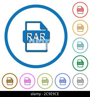 RAR file format flat color vector icons with shadows in round outlines on white background Stock Vector
