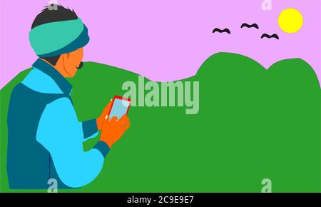 An indian poor village farmer cartoon illustration working on smart phone isolated colorful nature sky background. Stock Vector