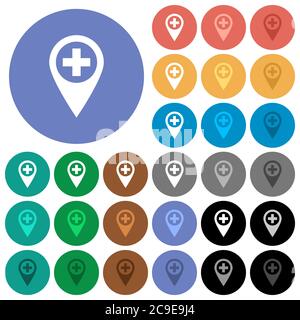 Add new GPS map location multi colored flat icons on round backgrounds. Included white, light and dark icon variations for hover and active status eff Stock Vector