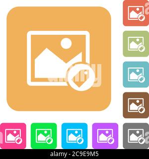 Image tagging flat icons on rounded square vivid color backgrounds. Stock Vector