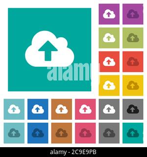 Cloud upload multi colored flat icons on plain square backgrounds. Included white and darker icon variations for hover or active effects. Stock Vector