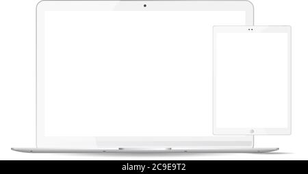 White laptop and tablet pc mockup set. Mobile devices vector illustration. Notebook and phablet isolated on white background. Stock Vector