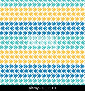 Vector tribal arrow style grunge brush seamless pattern background. Backdrop with striped rows of painterly chevrons in blue and orange. Wicker weave Stock Vector