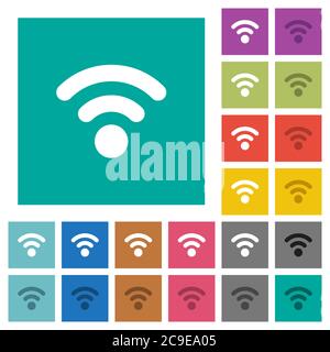 Radio signal multi colored flat icons on plain square backgrounds. Included white and darker icon variations for hover or active effects. Stock Vector