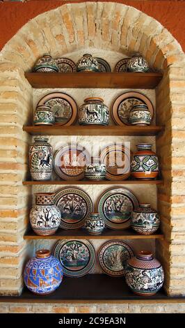 Pots and plates on display at the National Ceramics Museum in Tonala, Guadalajara, Jalisco, Mexico Stock Photo