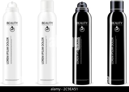 Black and white aerosol spray metal bottles set with or without lid. Deodorant antiperspirant or cosmetic hairspray can template. Vector package illus Stock Vector