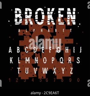 Broken alphabet with grunge effect. Vector handmade alphabet. Broken uppercase letters and numbers Stock Vector