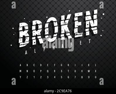 Broken alphabet with grunge effect. Vector handmade alphabet. Broken uppercase letters and numbers Stock Vector