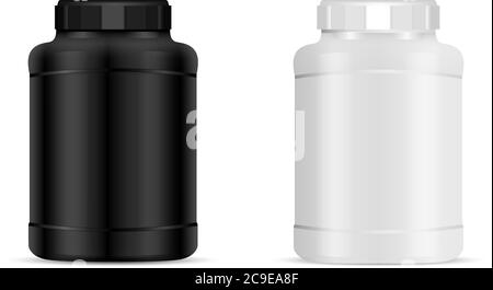 Big sports nutrition jar set vector illustration. Protein bottles with faceted lid. black and white cans isolated on background. Stock Vector