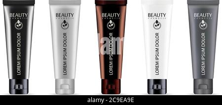Cosmetic or medicine cream tubes set with different color variations. High quality elite mockup cosmetics template. Jars for cream, toothpaste, ointme Stock Vector