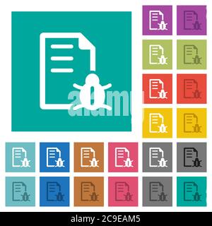 Bug report multi colored flat icons on plain square backgrounds. Included white and darker icon variations for hover or active effects. Stock Vector