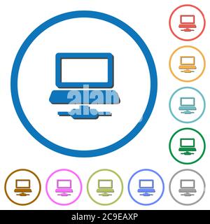 Network computer flat color vector icons with shadows in round outlines on white background Stock Vector