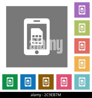 Mobile simcard flat icons on simple color square backgrounds Stock Vector