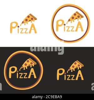 Pizza with melted slice logo label emblem. Retro grunge logotype vector illustration isolated on black and white background Stock Vector