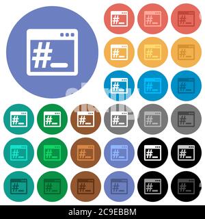Linux root terminal multi colored flat icons on round backgrounds. Included white, light and dark icon variations for hover and active status effects, Stock Vector