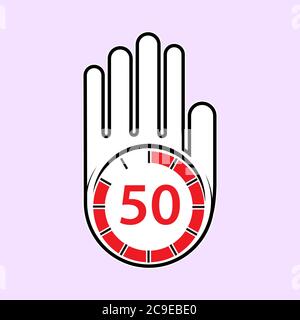 raised, open hand with a watch on it. Time for rest or break, pause. 50 minutes or seconds. Flat design. Stock Vector