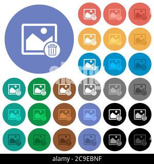 Delete image multi colored flat icons on round backgrounds. Included white, light and dark icon variations for hover and active status effects, and bo Stock Vector