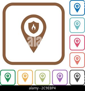 Fire station GPS map location simple icons in color rounded square frames on white background Stock Vector