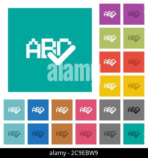 Spell check multi colored flat icons on plain square backgrounds. Included white and darker icon variations for hover or active effects. Stock Vector