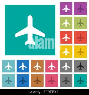 Airplane multi colored flat icons on plain square backgrounds. Included white and darker icon variations for hover or active effects. Stock Vector