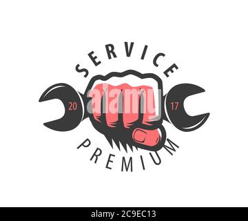 Wrench in hand logo or symbol. Repair, maintenance, service concept Stock Vector