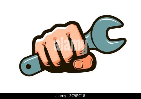 Wrench in hand symbol. Repair, maintenance, construction concept Stock Vector