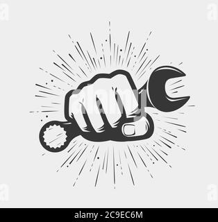 Hand holding spanner symbol. Repairs, maintenance, service concept Stock Vector