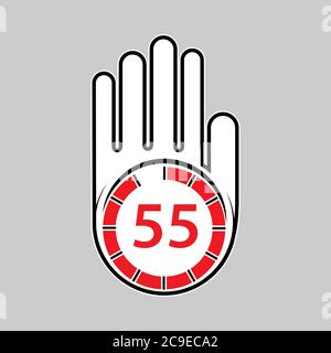raised, open hand with a watch on it. Time for rest or break, pause. 55 minutes or seconds. Flat design. Stock Vector