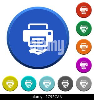 Shared printer round color beveled buttons with smooth surfaces and flat white icons Stock Vector