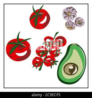 Isolated images on a white background from a set about proper nutrition, veganism and vegetarianism.Tomatoes. Garlic. Avocado. Stock Vector