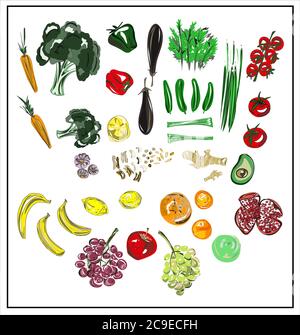 Color illustration of isolated fruits and vegetables on a white background. Broccoli. Onion. Dill. Tomatoes Cucumbers Avocado. Bananas Lemons. Oranges Stock Vector